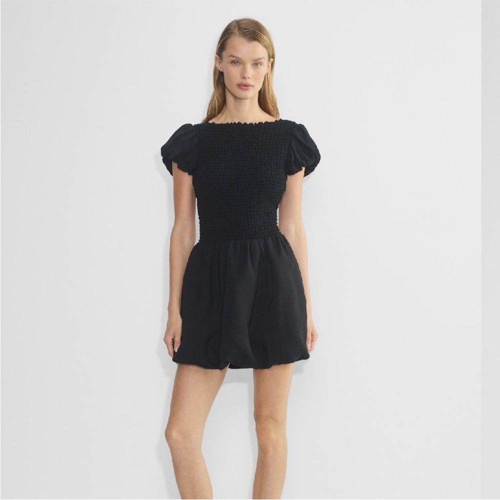 Aritzia Black Smocked Puff-Sleeve Mini
